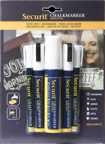 Krétamarker Securit 5 darabos több vastagságú marker készlet, fehér