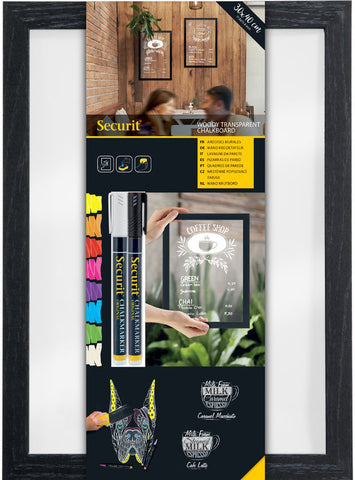 Securit kréta tábla átlátszó, üveg tábla, fahatású kerettel + krétamarkerek
