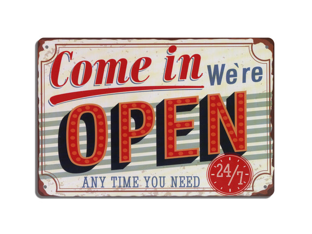 Retro dekor fémtábla, Come in We are open, Méret:20x30cm