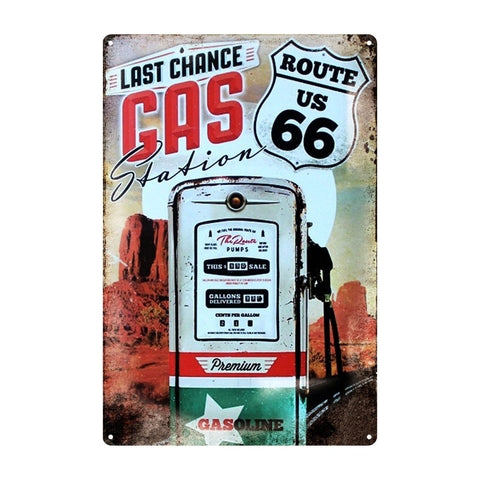 Retro dekor fémtábla, Last chance Gas station Route 66, Méret: 20x30cm