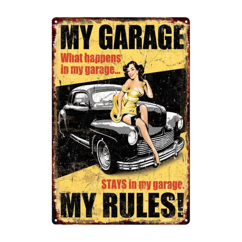 Retro dekor fémtábla, My Garage My Rules, Méret: 20x30cm