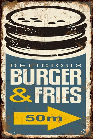 Retro dekor fémtábla, BURGER & FRIES, Méret:20x30cm