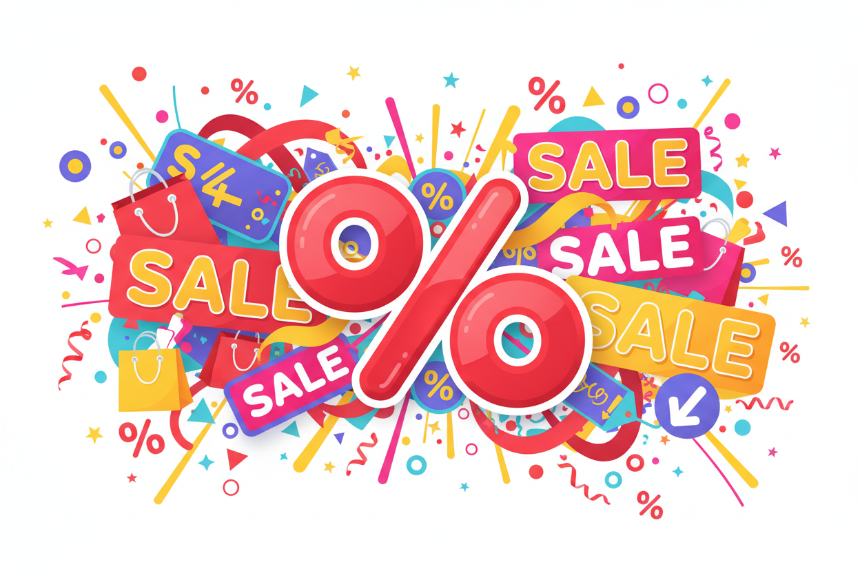 create a picture that refers to discounted products. use percentage symbol, "SALE" sign and other things as well but do not use texts like "up to 70% discount". make the picture so it doesnt have a background or it has a white background and make it fill the whole frame